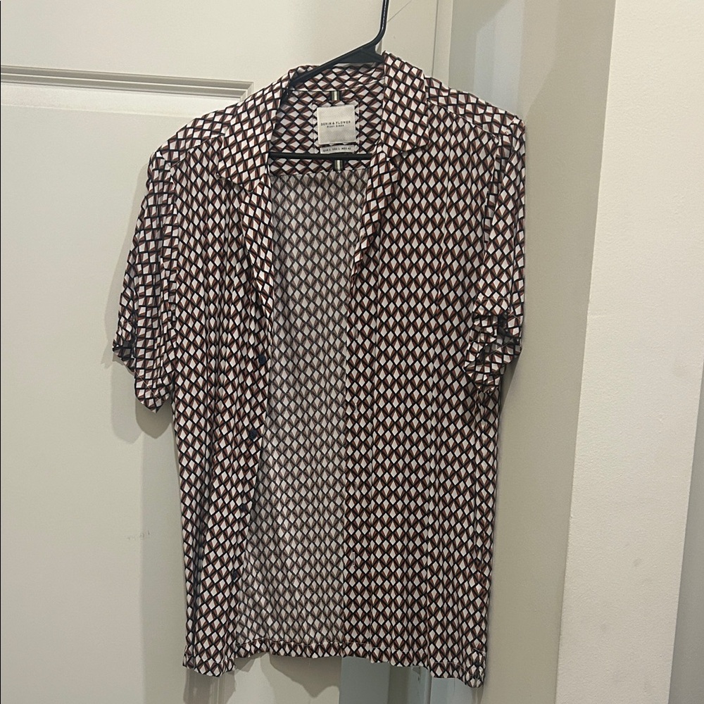 Denim & Flower Short-Sleeve Geometric Button-Down Shirt - Brown & White